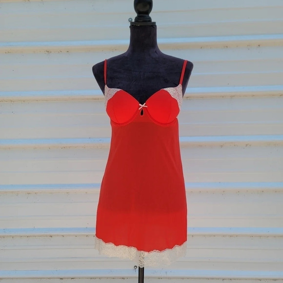 Victoria’s Secret Red Gold Lace Babydoll Lingerie Dress Top Push Up Bra 34C - Picture 1 of 11